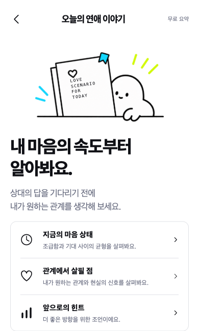 마음결 사주 앱의 오늘의 연애 이야기 무료 요약 화면. 지금의 마음 상태, 관계에서 살필 점, 앞으로의 힌트 항목이 보입니다.